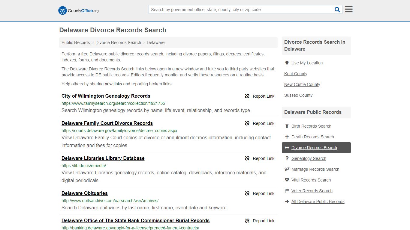 Delaware Divorce Records Search - County Office