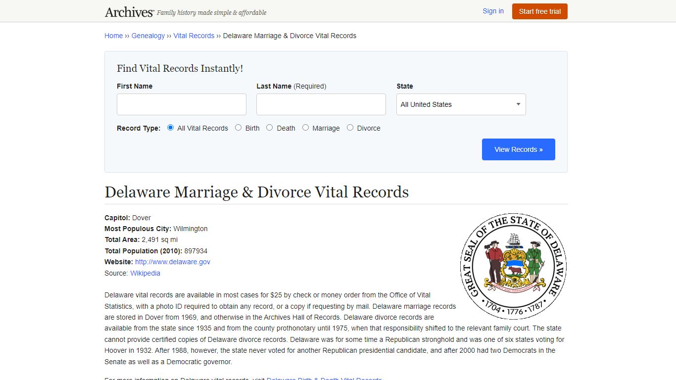 Delaware Marriage & Divorce Vital Records - Archives.com